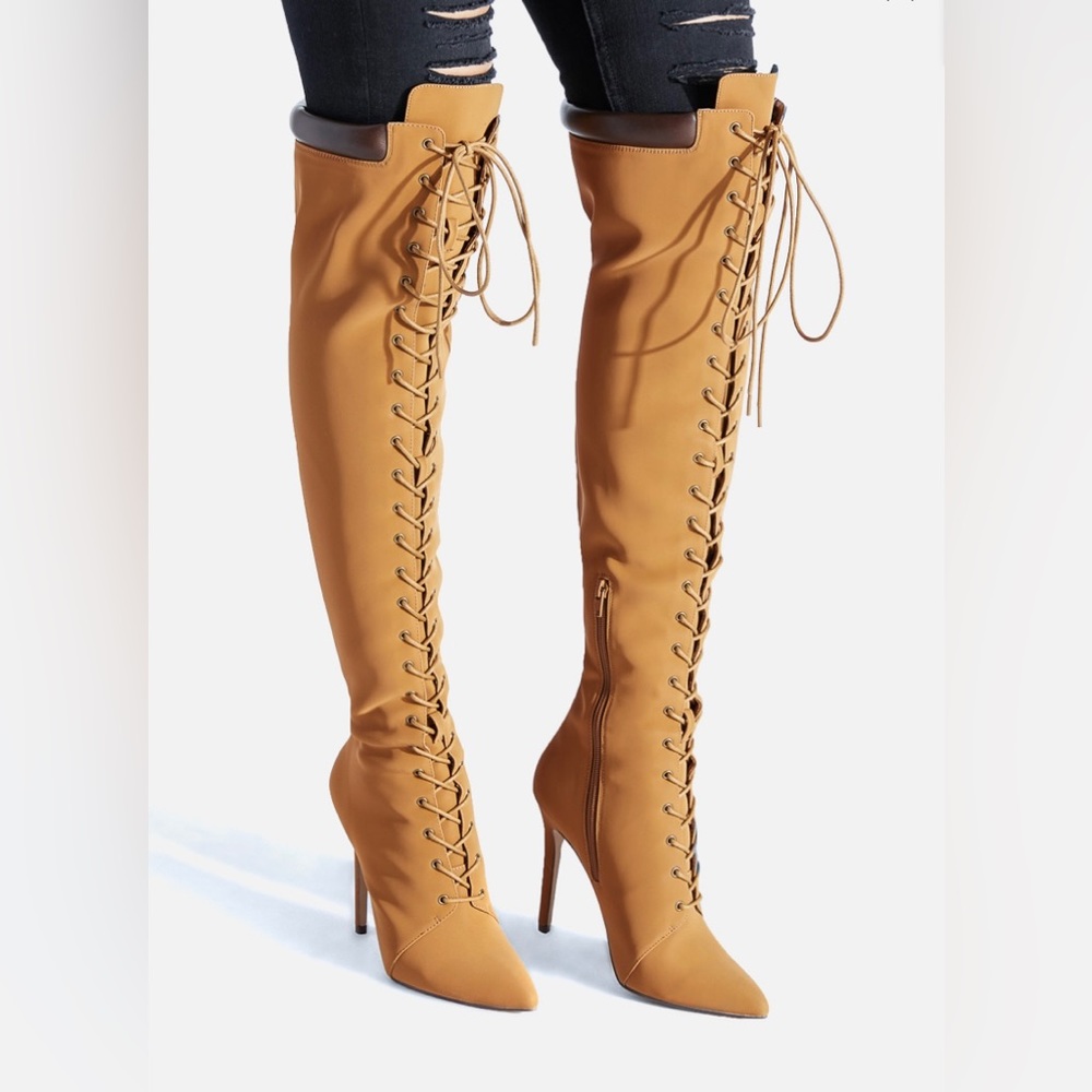 Thigh high lace up timberland style boots